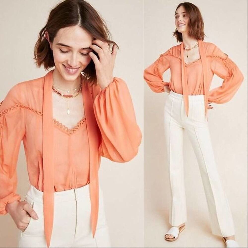 Anthro Wheatley Coral Boho Peasant Top